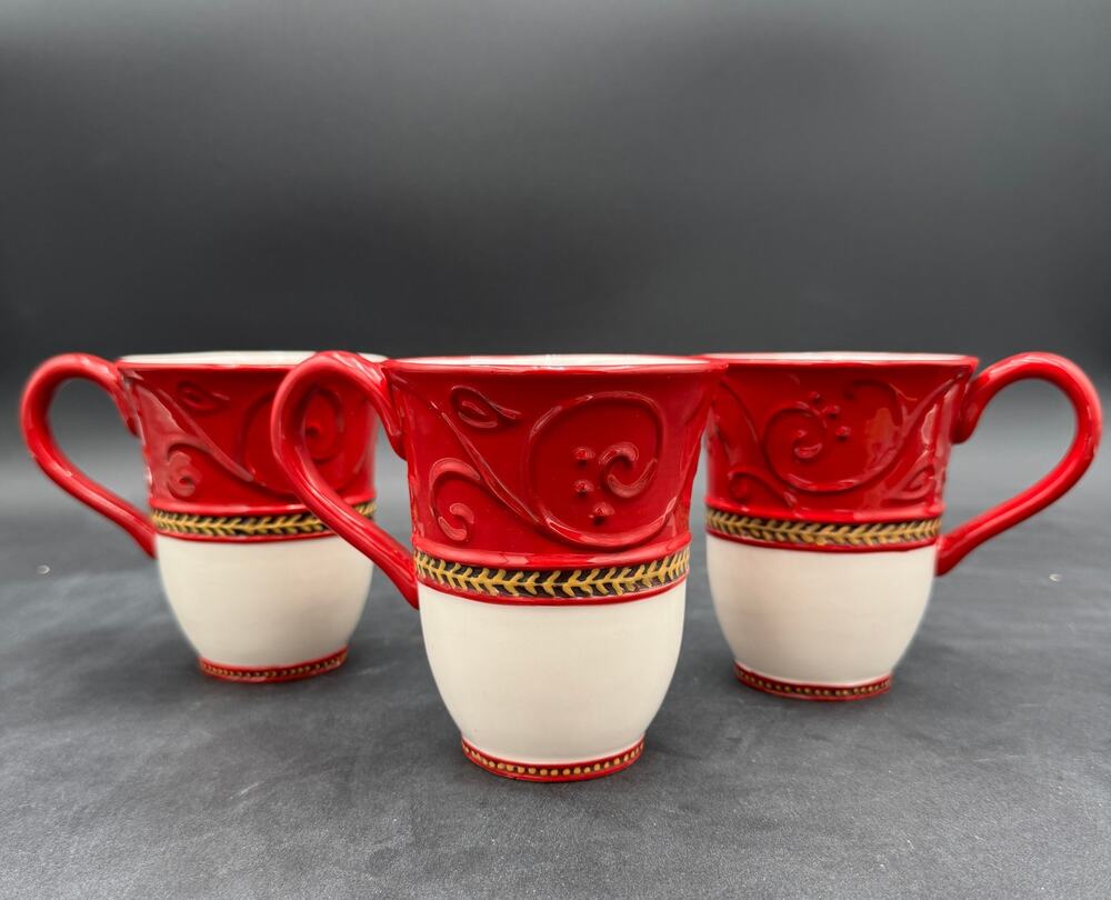 Fitz and Floyd Damask Holiday Mugs Christmas Set of 3